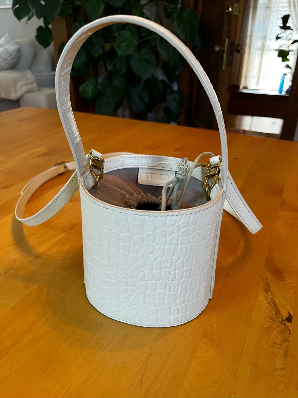 Staud | White Croc-Embossed Bucket Bag with Top Handle - Picture 2 of 8